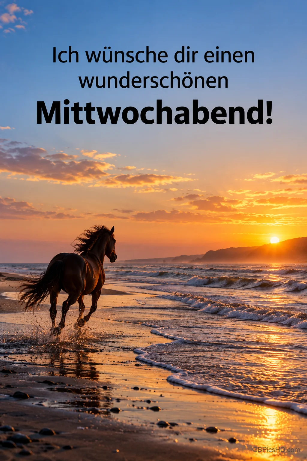 Ein braunes Pferd galoppiert durch die Brandung eines Strandes bei Sonnenuntergang, der Himmel leuchtet golden, oben der Gruß "Ich wünsche dir einen wunderschönen Mittwochabend!"