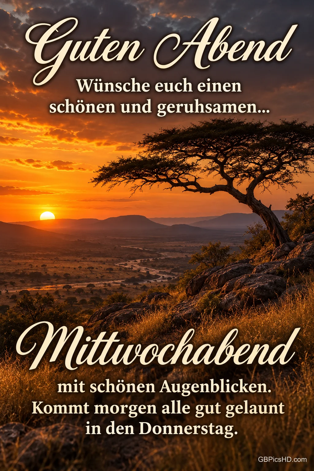 Eine Schirmakazie auf einem Hügel vor einer weiten Savanne bei Sonnenuntergang, dazu ein Abendgruß mit Wünschen für einen geruhsamen Mittwochabend