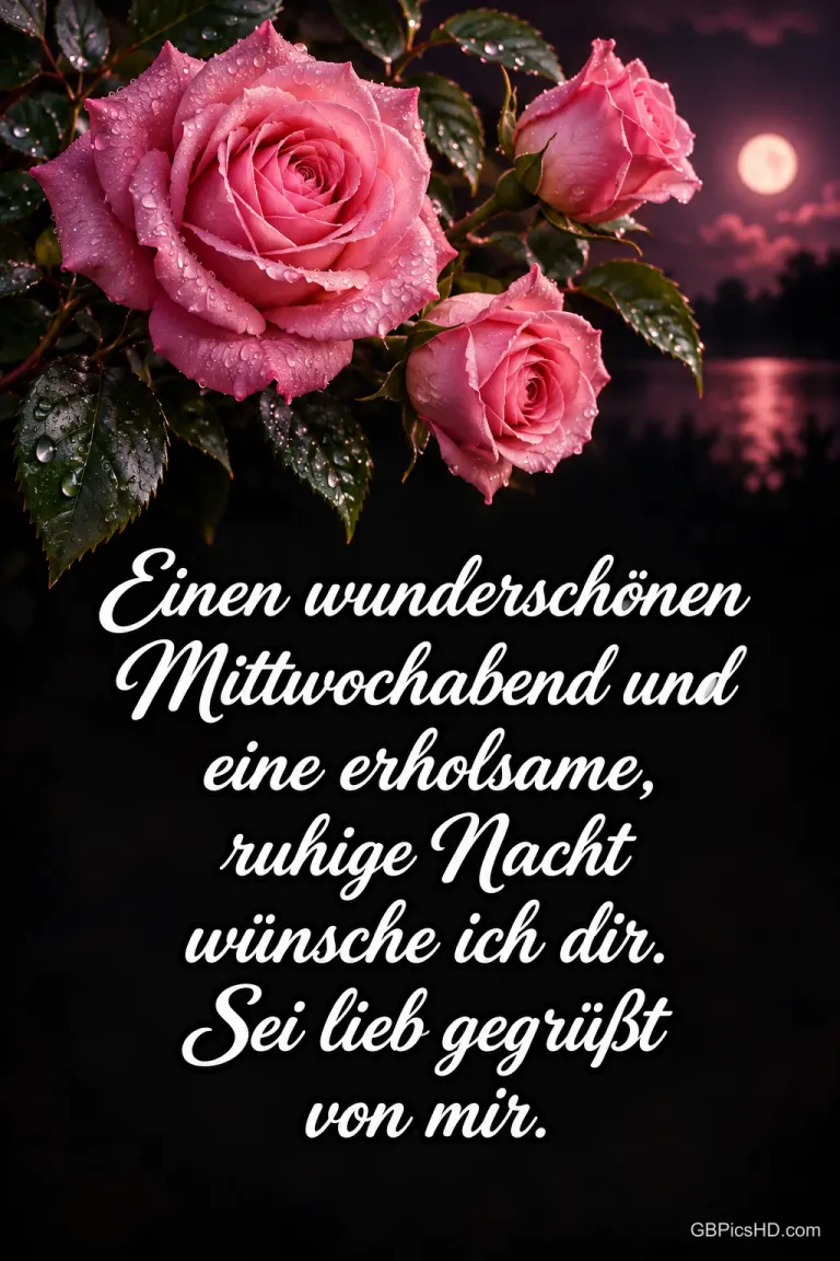 Rosa Rosen mit Tautropfen vor einem dunklen See im Mondschein, darunter in weißer Schreibschrift ein Gruß für einen schönen Mittwochabend und eine ruhige Nacht