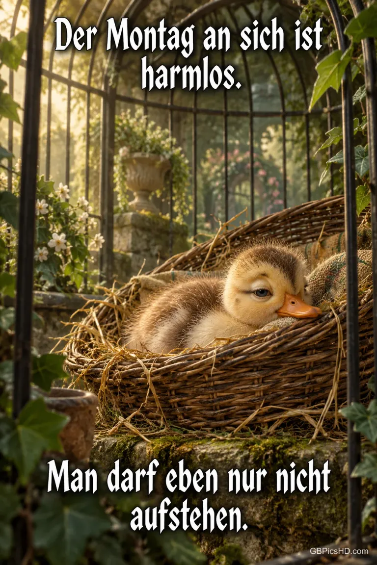 Ein schläfriges Entenküken liegt im Nest hinter Gitterstäben mit "Der Montag an sich ist harmlos. Man darf eben nur nicht aufstehen.".
