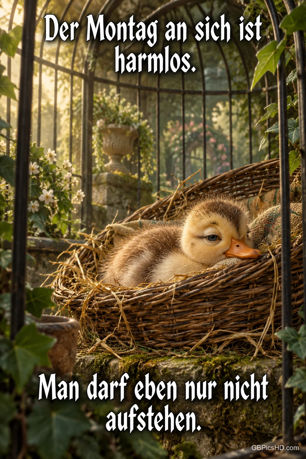 Ein schläfriges Entenküken liegt im Nest hinter Gitterstäben mit "Der Montag an sich ist harmlos. Man darf eben nur nicht aufstehen.".