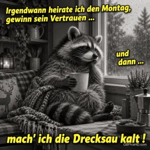 Waschbär mit Tasse am Regenfenster: "Irgendwann heirate ich den Montag, gewinn sein Vertrauen ... und dann ... mach' ich die Drecksau kalt!"
