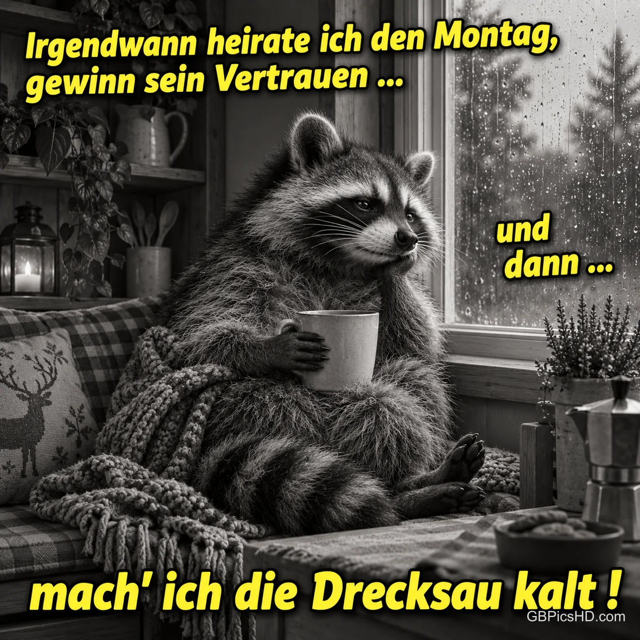 Waschbär mit Tasse am Regenfenster: "Irgendwann heirate ich den Montag, gewinn sein Vertrauen ... und dann ... mach' ich die Drecksau kalt!"