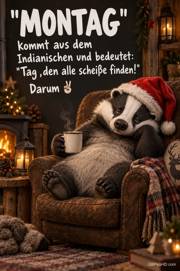 Dachs mit Weihnachtsmütze und Tasse im Sessel: ""MONTAG" kommt aus dem Indianischen und bedeutet: "Tag, den alle scheiße finden!" Darum ✌️"