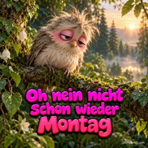 Eine zerzauste, müde Eule sitzt im Morgenlicht auf einem moosigen Ast: "Oh nein nicht schon wieder Montag".