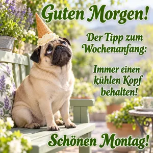 Mops mit Eiswaffel auf dem Kopf auf einer Gartenbank: "Guten Morgen! Der Tipp zum Wochenanfang: Immer einen kühlen Kopf behalten! Schönen Montag!"