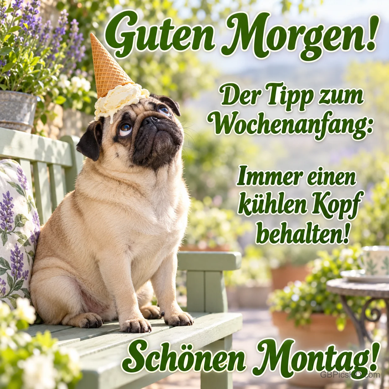 Mops mit Eiswaffel auf dem Kopf auf einer Gartenbank: "Guten Morgen! Der Tipp zum Wochenanfang: Immer einen kühlen Kopf behalten! Schönen Montag!"