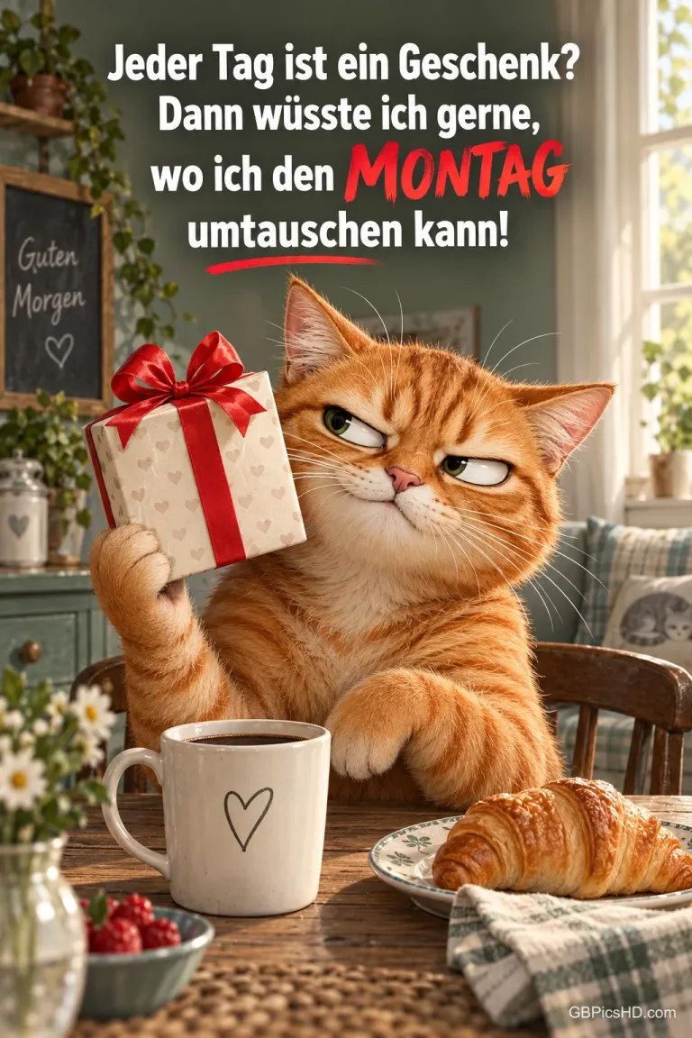 Eine orange Katze hält ein Geschenk am Frühstückstisch: "Jeder Tag ist ein Geschenk? Dann wüsste ich gerne, wo ich den MONTAG umtauschen kann!"