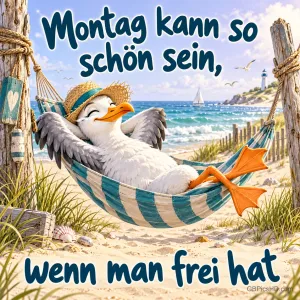 Eine Möwe mit Strohhut liegt in einer gestreiften Hängematte am Strand: "Montag kann so schön sein, wenn man frei hat".
