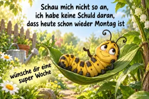 Eine gelbe Raupe ruht in einer Blatthängematte im Garten neben dem Gruß "Wünsche dir eine super Woche".