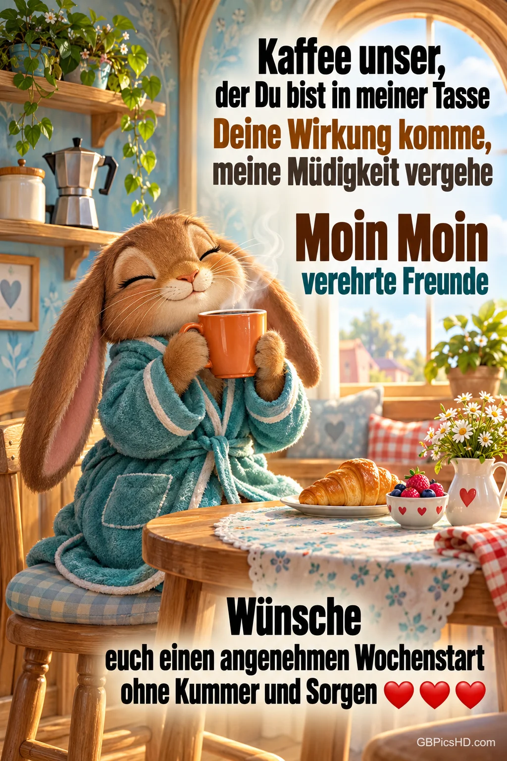 Ein Hase im blauen Bademantel hält am Frühstückstisch eine orange Tasse neben dem Gruß "Moin Moin verehrte Freunde".