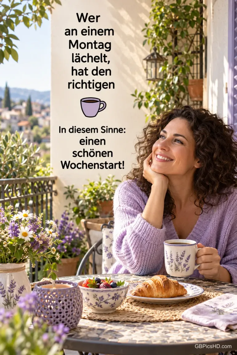 Eine lächelnde Frau im lila Pullover sitzt mit einer Tasse auf einem Balkon neben dem Gruß "einen schönen Wochenstart!".