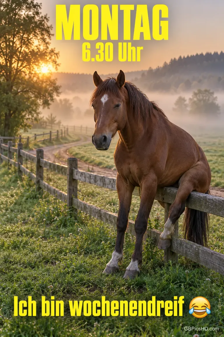 Ein braunes Pferd sitzt bei Sonnenaufgang auf einem Holzzaun unter "MONTAG 6.30 Uhr" und über "Ich bin wochenendreif 😂".