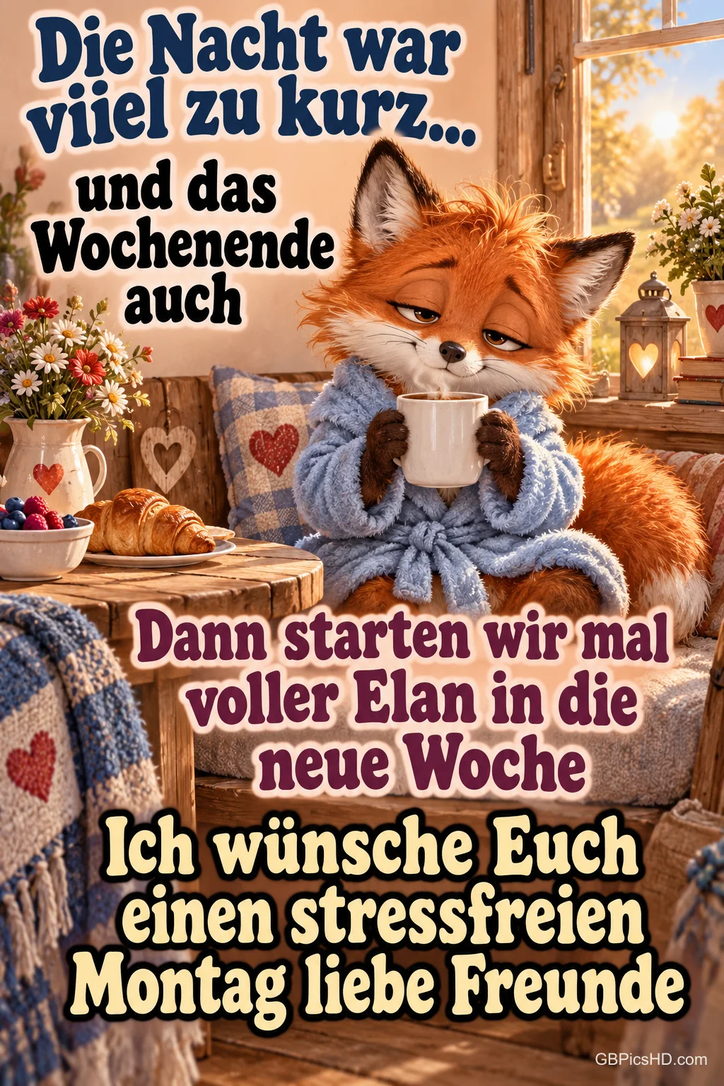 Ein müder Fuchs im blauen Bademantel hält eine weiße Tasse am Frühstückstisch unter "Die Nacht war viel zu kurz...". Ein müder Fuchs im blauen Bademantel hält eine weiße Tasse am Frühstückstisch unter "Die Nacht war viel zu kurz...".