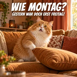 Eine orange-weiße Katze blickt mit offenem Maul vom braunen Sofa auf, darüber steht "WIE MONTAG? GESTERN WAR DOCH ERST FREITAG!".