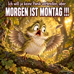Eine erschrockene Eule breitet auf einem Ast im goldenen Wald die Flügel aus, darüber steht "MORGEN IST MONTAG !!!".