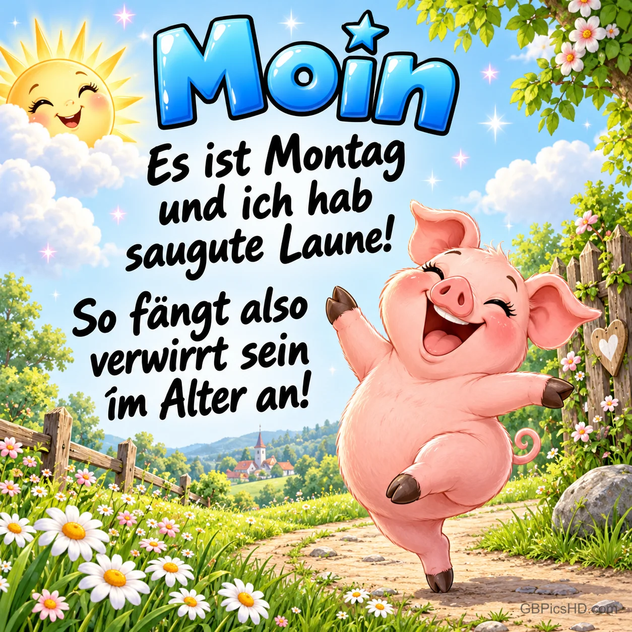 Ein fröhliches rosa Schwein tanzt auf einem blumigen Gartenweg unter "Moin" und neben "Es ist Montag und ich hab saugute Laune!".