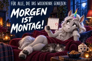 Ein Einhorn liegt mit einer Katze auf dem Sofa und hält einen Kalender: "Morgen ist Montag!".