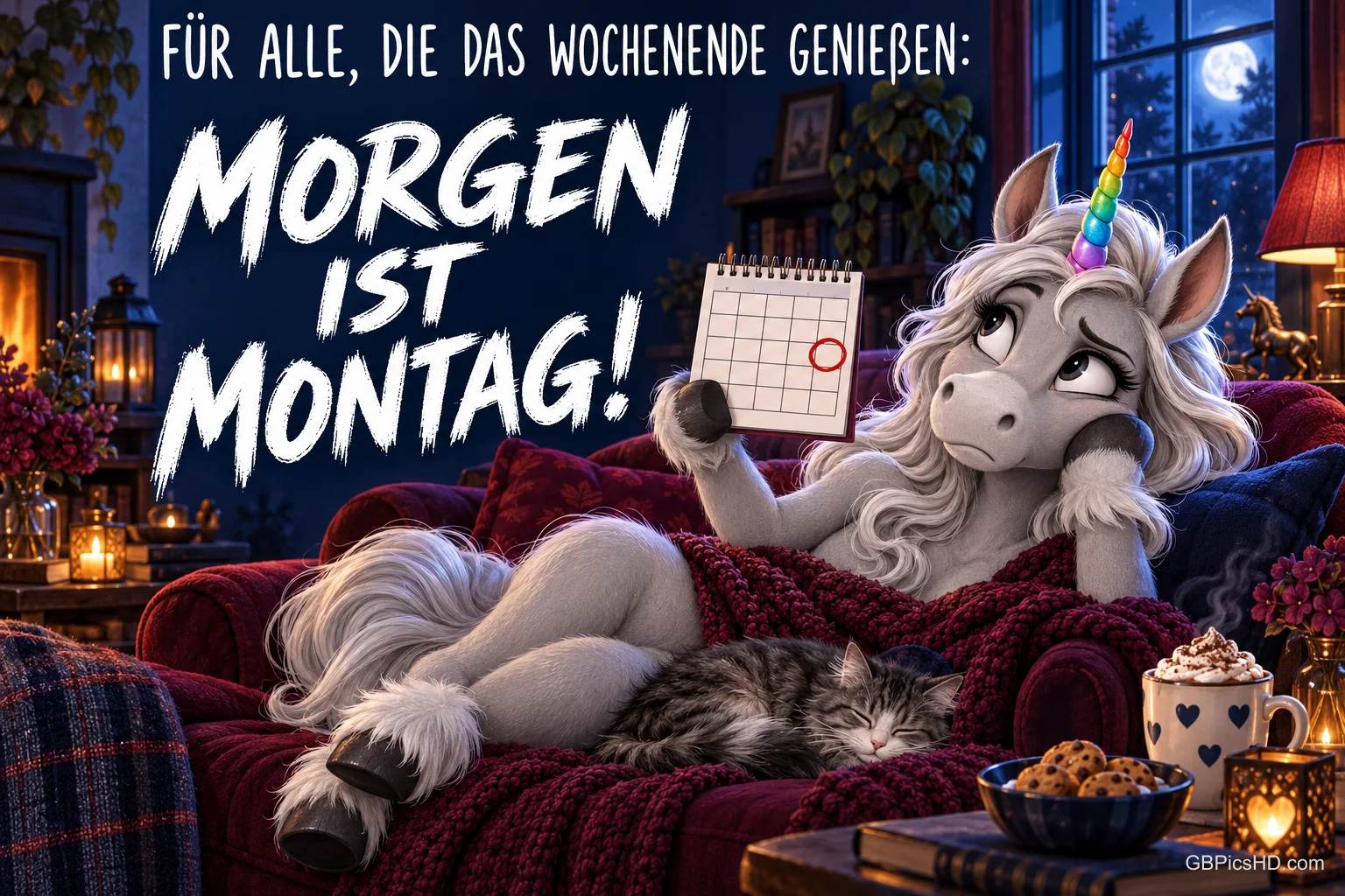 Ein Einhorn liegt mit einer Katze auf dem Sofa und hält einen Kalender: "Morgen ist Montag!".