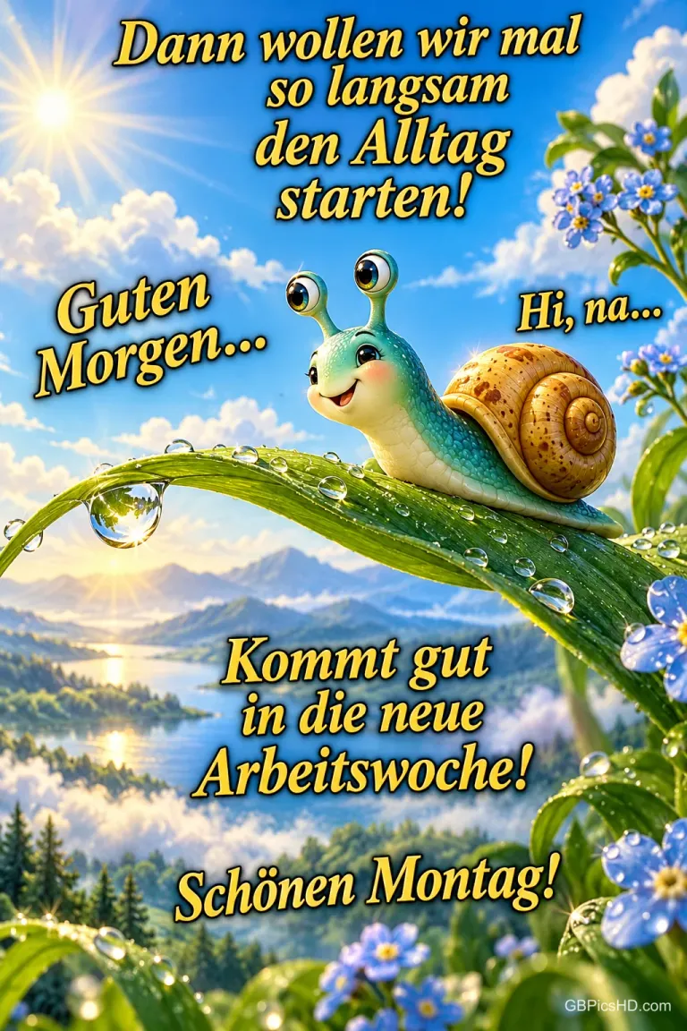 Eine lächelnde Schnecke sitzt auf einem taufrischen Blatt über einer sonnigen Seenlandschaft: "Schönen Montag!".