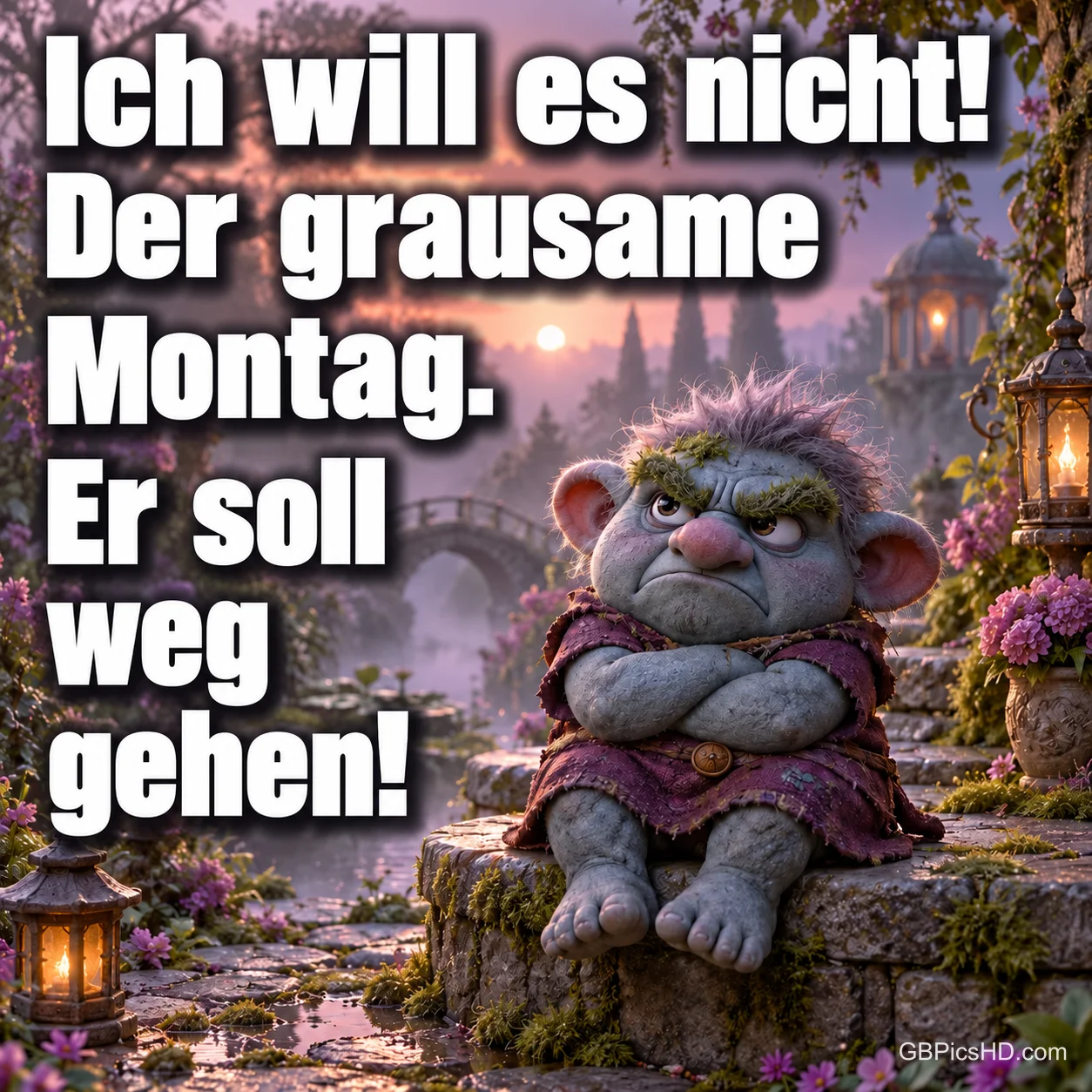 Ein mürrischer Troll sitzt mit verschränkten Armen auf einer Steinmauer zwischen Blumen und Laternen: "Ich will es nicht!".