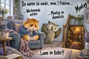Ein trauriger Hamster sitzt im Sessel, eine Eule steht neben der offenen Kellertreppe: "... Laune im Keller!!".