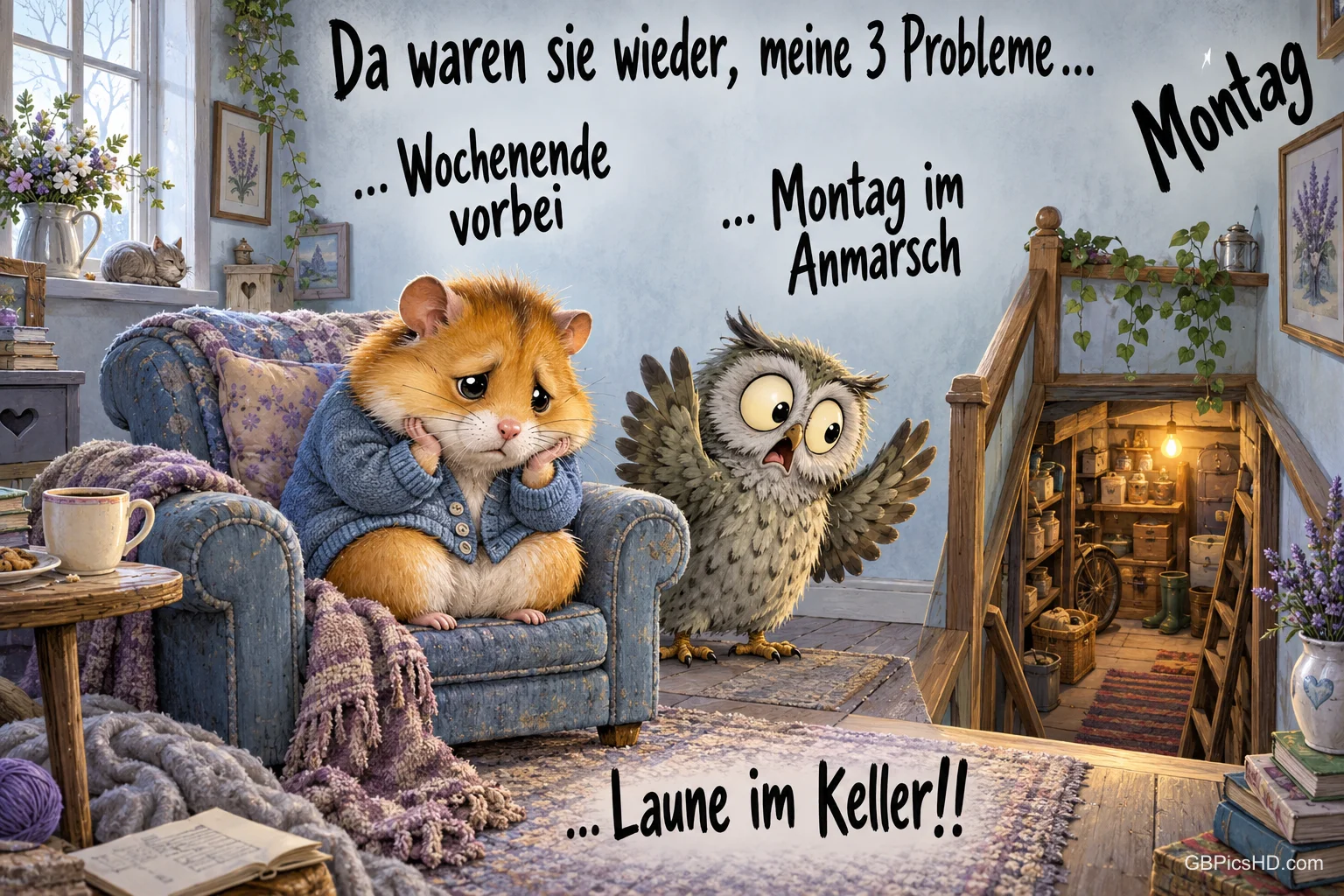 Ein trauriger Hamster sitzt im Sessel, eine Eule steht neben der offenen Kellertreppe: "... Laune im Keller!!".