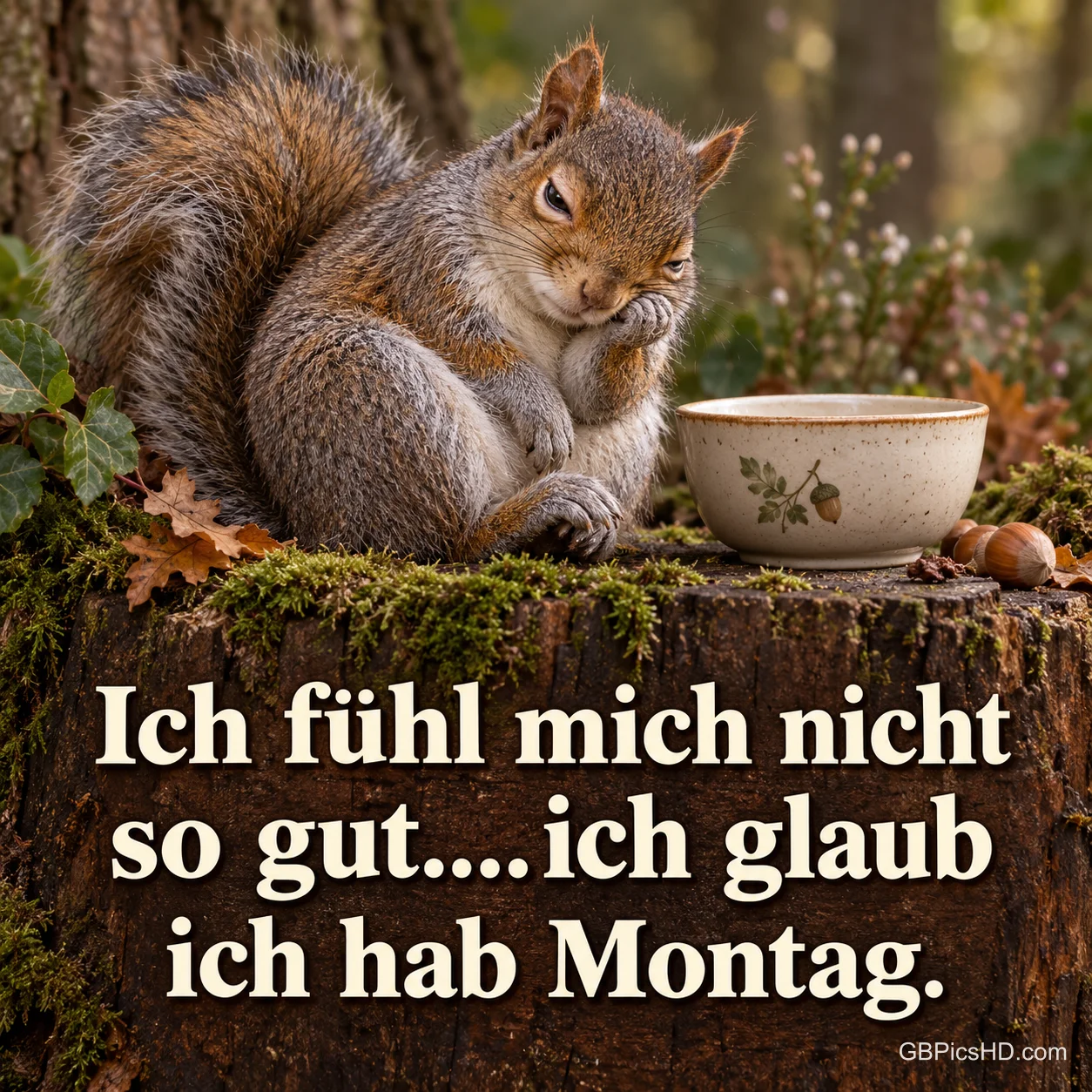 Ein müdes Eichhörnchen stützt neben einer Tasse den Kopf auf seine Pfote: "Ich fühl mich nicht so gut.... ich glaub ich hab Montag."