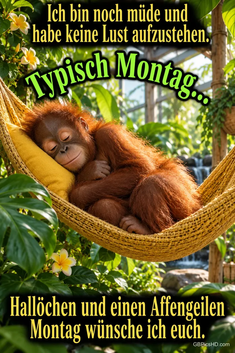 Ein junger Orang-Utan schläft auf einem gelben Kissen in einer Hängematte zwischen tropischen Pflanzen: "Typisch Montag...".