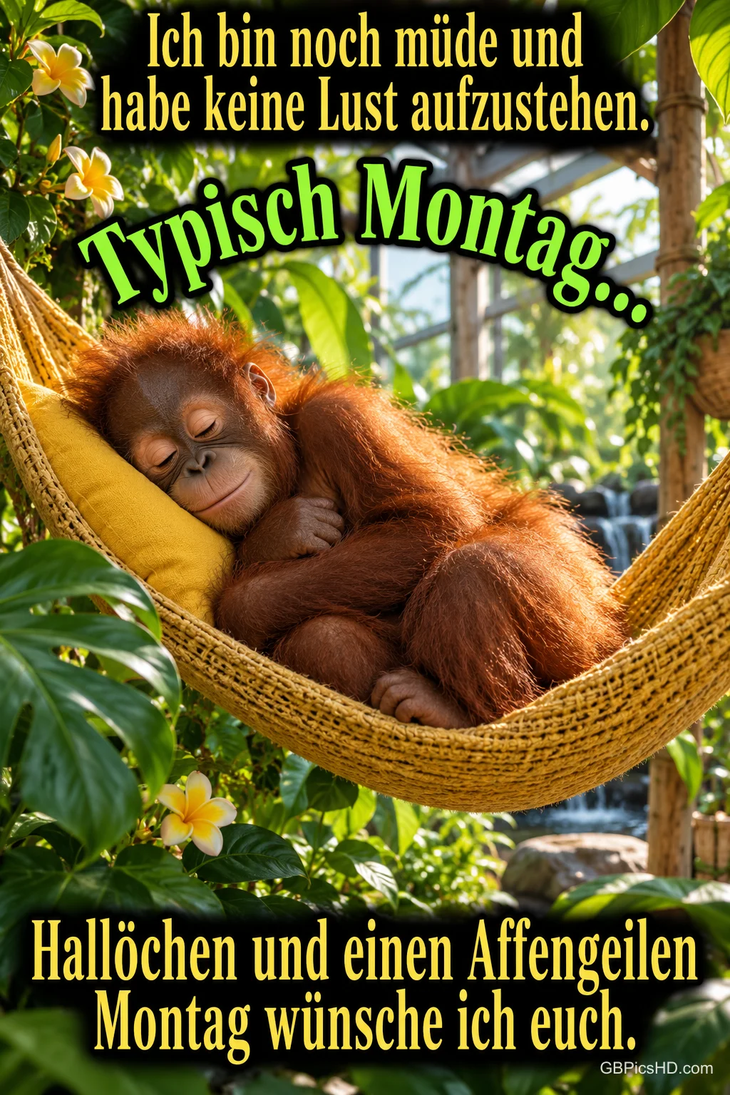 Ein junger Orang-Utan schläft auf einem gelben Kissen in einer Hängematte zwischen tropischen Pflanzen: "Typisch Montag...".