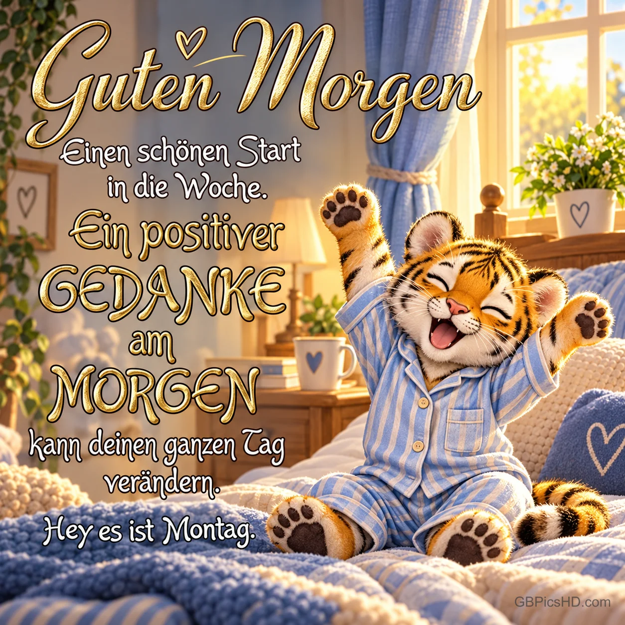 Ein Tigerjunges im blau gestreiften Schlafanzug streckt auf dem Bett beide Vorderpfoten hoch: "Guten Morgen". Ein Tigerjunges im blau gestreiften Schlafanzug streckt auf dem Bett beide Vorderpfoten hoch: "Guten Morgen".
