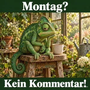 Ein müdes grünes Chamäleon sitzt neben einer Kaffeetasse auf einem Holzhocker; dazu steht "Montag? Kein Kommentar!".