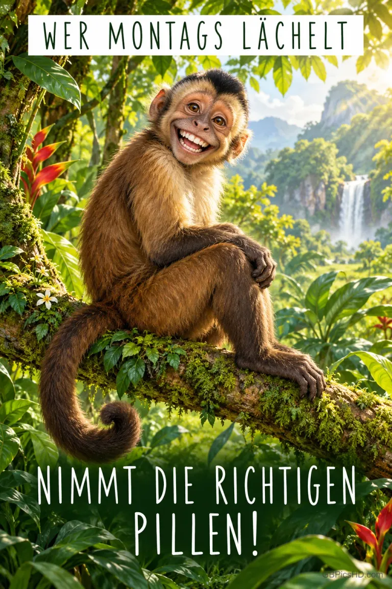Ein grinsender Affe sitzt auf einem Ast im Dschungel mit Wasserfall; dazu steht "WER MONTAGS LÄCHELT NIMMT DIE RICHTIGEN PILLEN!".