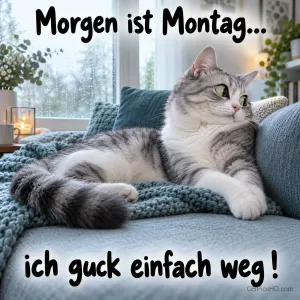 Eine grau-weiße Katze liegt auf einer blauen Decke und schaut zur Seite; dazu steht "Morgen ist Montag... ich guck einfach weg!".