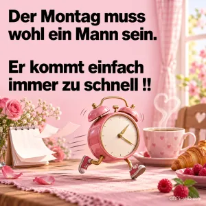 Ein rosa Wecker mit Turnschuhen läuft über den Frühstückstisch: "Der Montag muss wohl ein Mann sein. Er kommt einfach immer zu schnell!!".