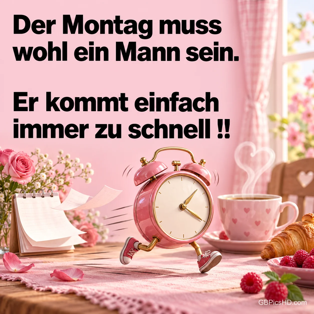 Ein rosa Wecker mit Turnschuhen läuft über den Frühstückstisch: "Der Montag muss wohl ein Mann sein. Er kommt einfach immer zu schnell!!". Ein rosa Wecker mit Turnschuhen läuft über den Frühstückstisch: "Der Montag muss wohl ein Mann sein. Er kommt einfach immer zu schnell!!".
