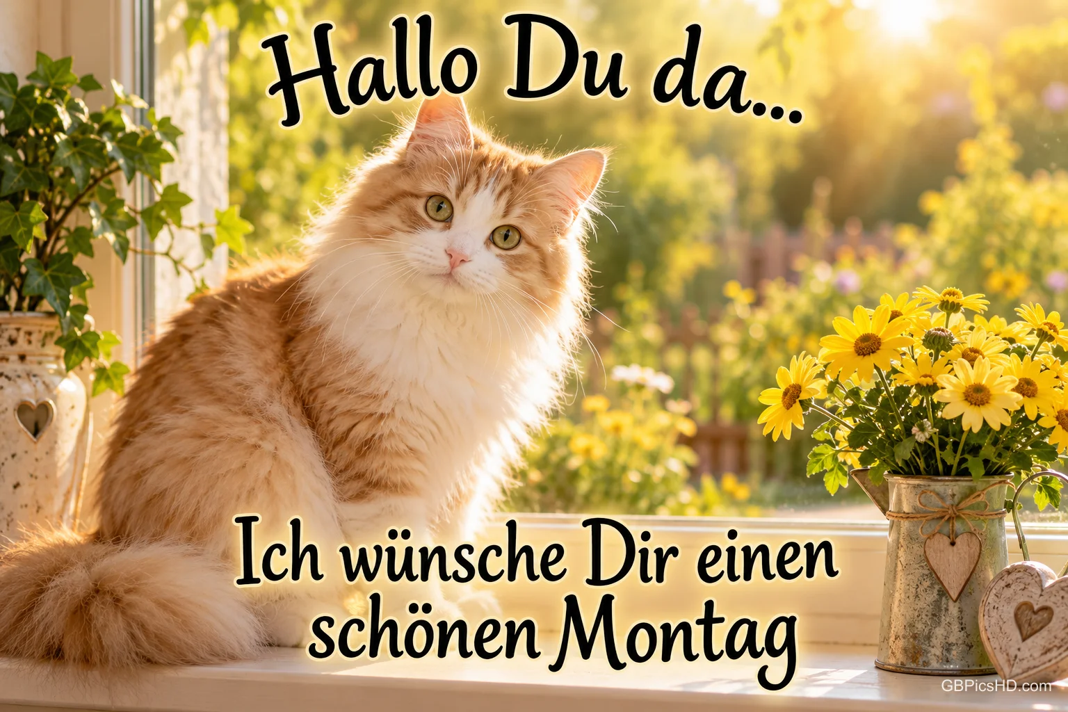 Eine orange-weiße Katze sitzt am sonnigen Fenster neben gelben Blumen; dazu steht "Hallo Du da... Ich wünsche Dir einen schönen Montag". Eine orange-weiße Katze sitzt am sonnigen Fenster neben gelben Blumen; dazu steht "Hallo Du da... Ich wünsche Dir einen schönen Montag".