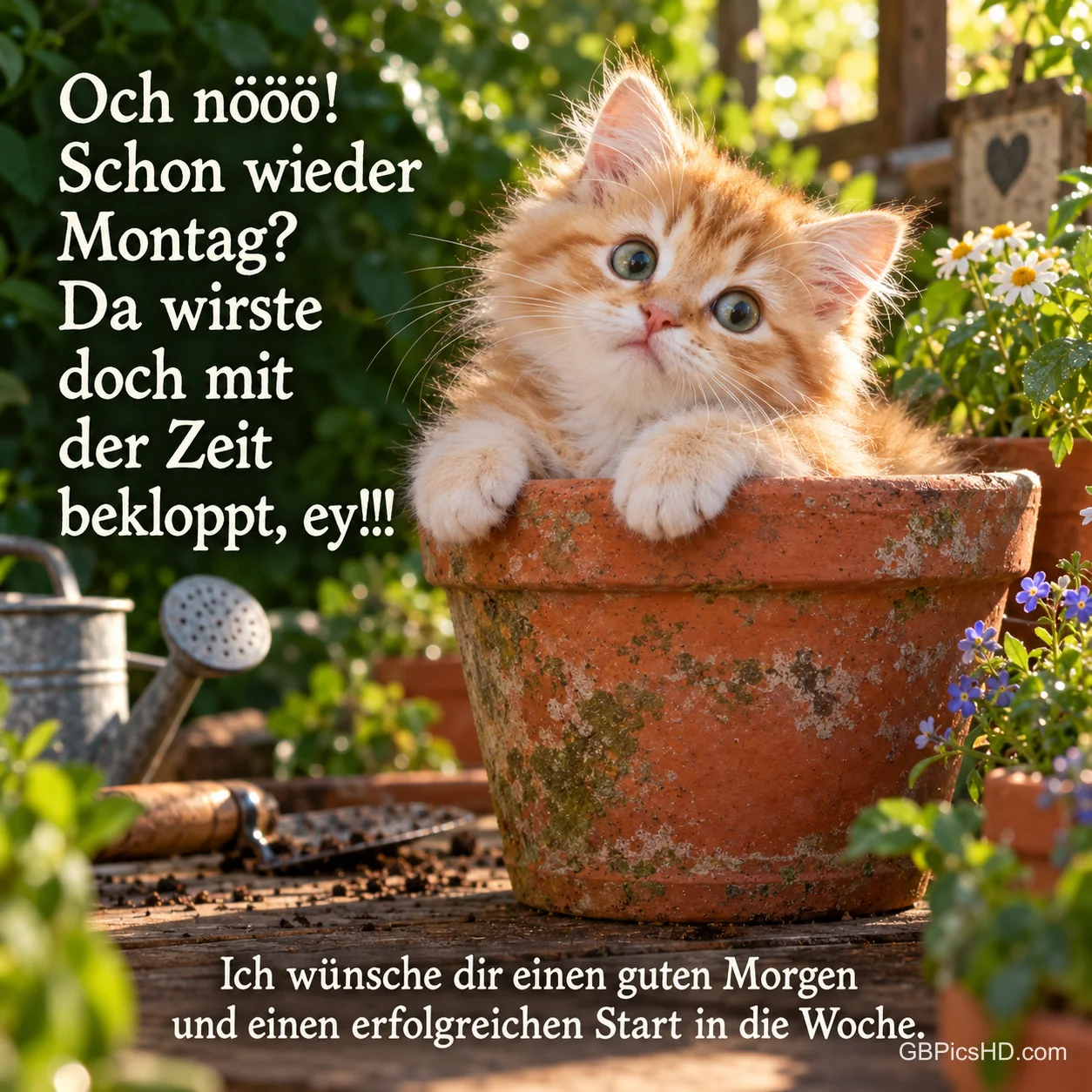 Ein orangefarbenes Kätzchen sitzt im Blumentopf neben "Och nööö! Schon wieder Montag?" und einem Morgengruß. Ein orangefarbenes Kätzchen sitzt im Blumentopf neben "Och nööö! Schon wieder Montag?" und einem Morgengruß.