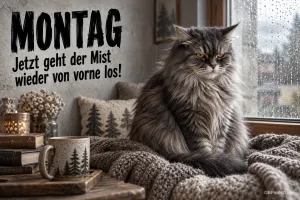 Eine grimmige langhaarige Katze sitzt am regennassen Fenster neben einer Tasse: "MONTAG Jetzt geht der Mist wieder von vorne los!".