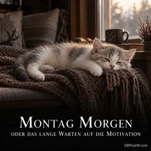 Ein müdes Kätzchen liegt auf einer Strickdecke am Fenster, darunter "Montagmorgen oder das lange Warten auf die Motivation".