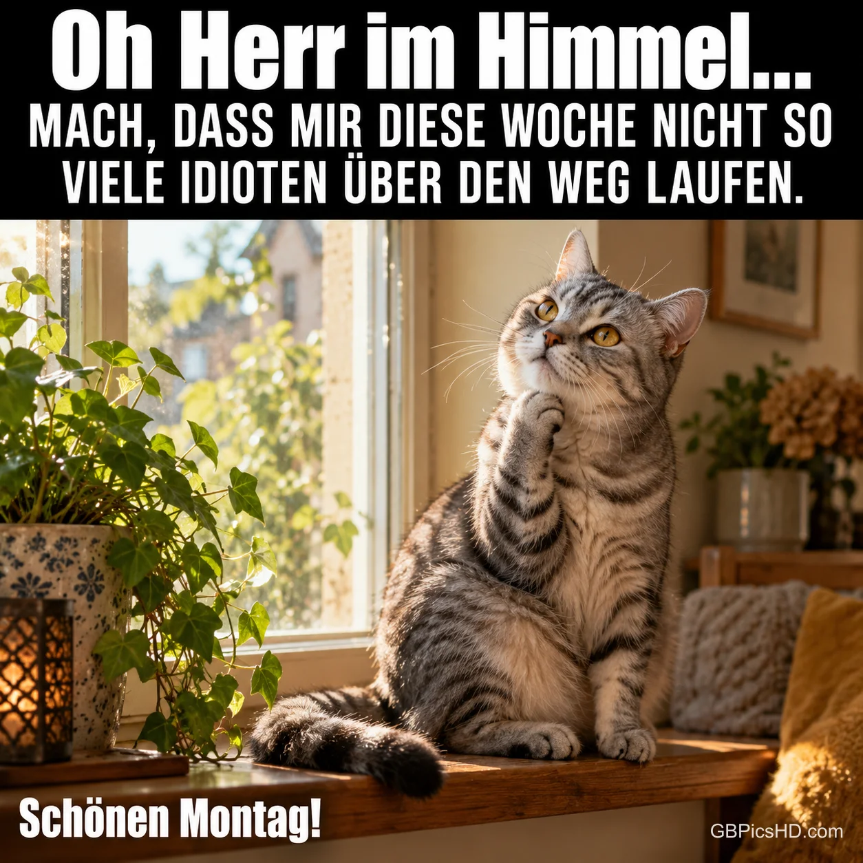 Eine getigerte Katze hebt am sonnigen Fenster eine Pfote: "Oh Herr im Himmel..." und "Schönen Montag!". Eine getigerte Katze hebt am sonnigen Fenster eine Pfote: "Oh Herr im Himmel..." und "Schönen Montag!".