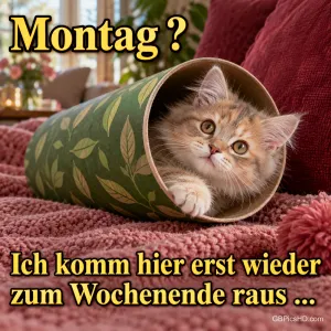 Ein kleines Kätzchen liegt in einer grünen Röhre auf einer Decke: "Montag? Ich komm hier erst wieder zum Wochenende raus ...".