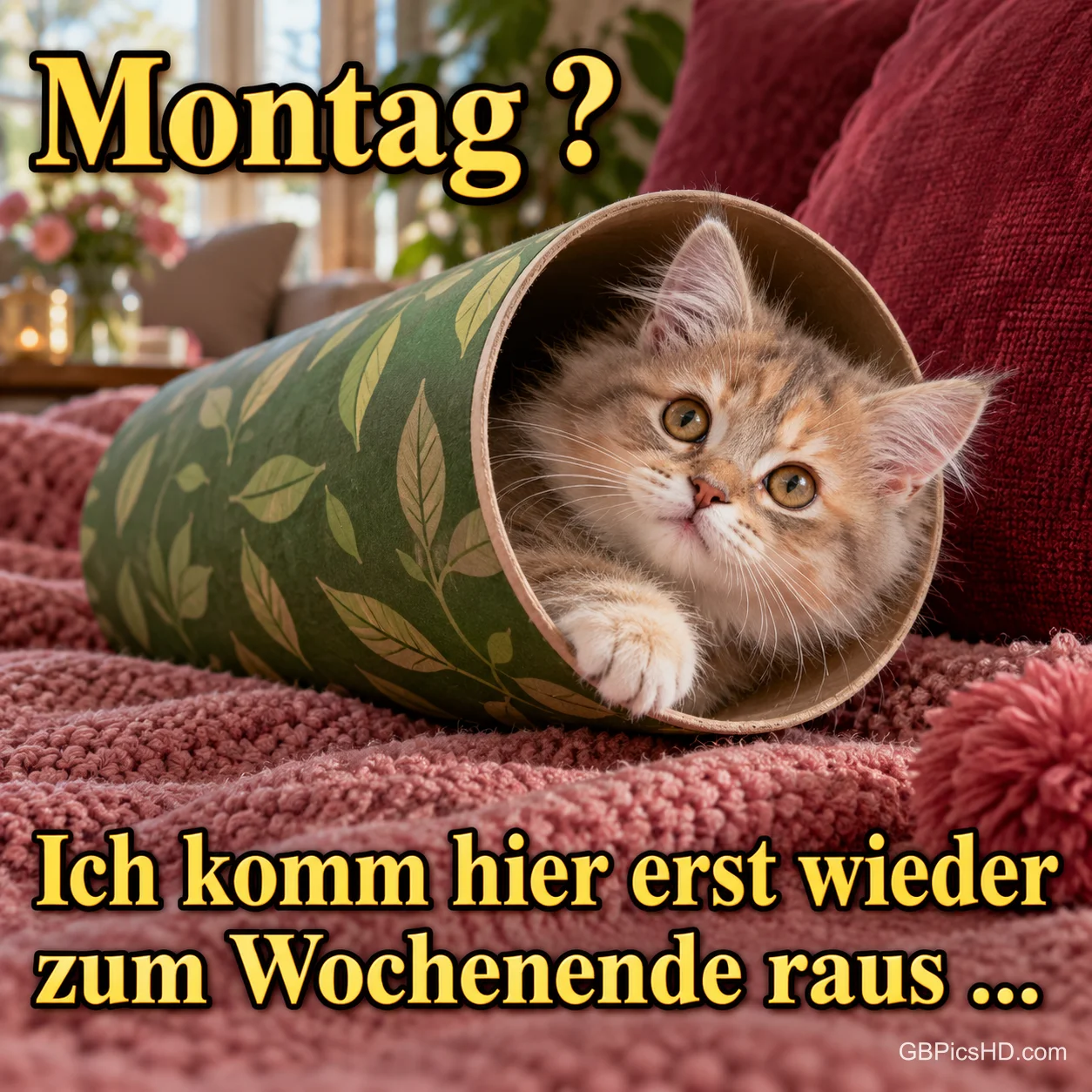 Ein kleines Kätzchen liegt in einer grünen Röhre auf einer Decke: "Montag? Ich komm hier erst wieder zum Wochenende raus ...". Ein kleines Kätzchen liegt in einer grünen Röhre auf einer Decke: "Montag? Ich komm hier erst wieder zum Wochenende raus ...".