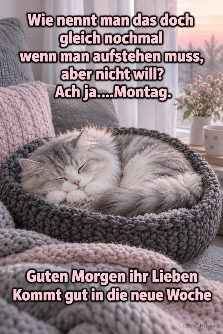 Eine graue Katze schläft in einem Strickkorb: "Guten Morgen ihr Lieben Kommt gut in die neue Woche".