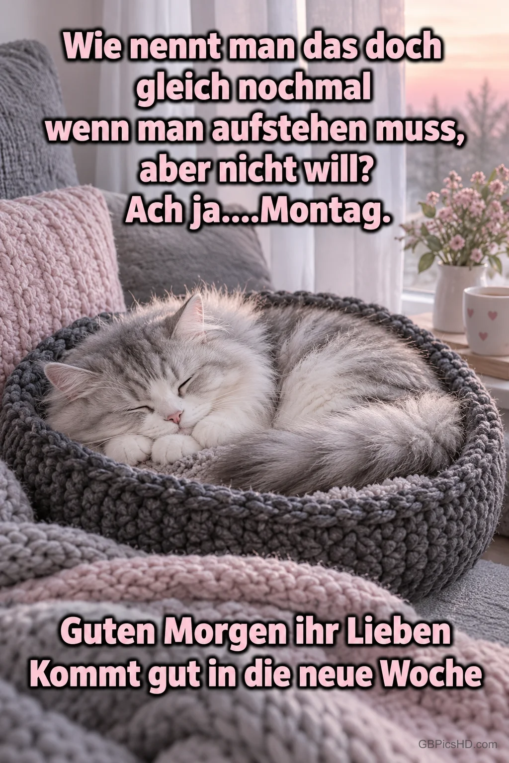Eine graue Katze schläft in einem Strickkorb: "Guten Morgen ihr Lieben Kommt gut in die neue Woche". Eine graue Katze schläft in einem Strickkorb: "Guten Morgen ihr Lieben Kommt gut in die neue Woche".