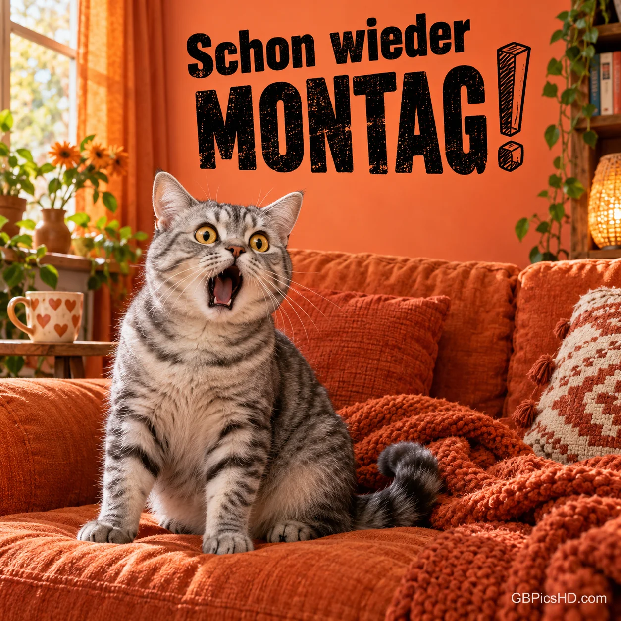 Eine getigerte Katze sitzt mit weit geöffnetem Maul auf einem orangefarbenen Sofa: "Schon wieder MONTAG!". Eine getigerte Katze sitzt mit weit geöffnetem Maul auf einem orangefarbenen Sofa: "Schon wieder MONTAG!".