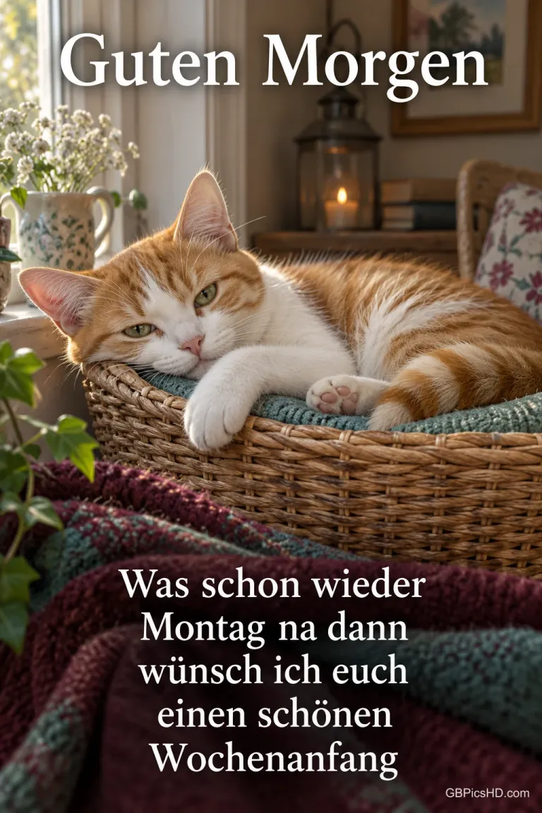 Eine rot-weiße Katze ruht im Flechtkorb: "Guten Morgen Was schon wieder Montag na dann wünsch ich euch einen schönen Wochenanfang".