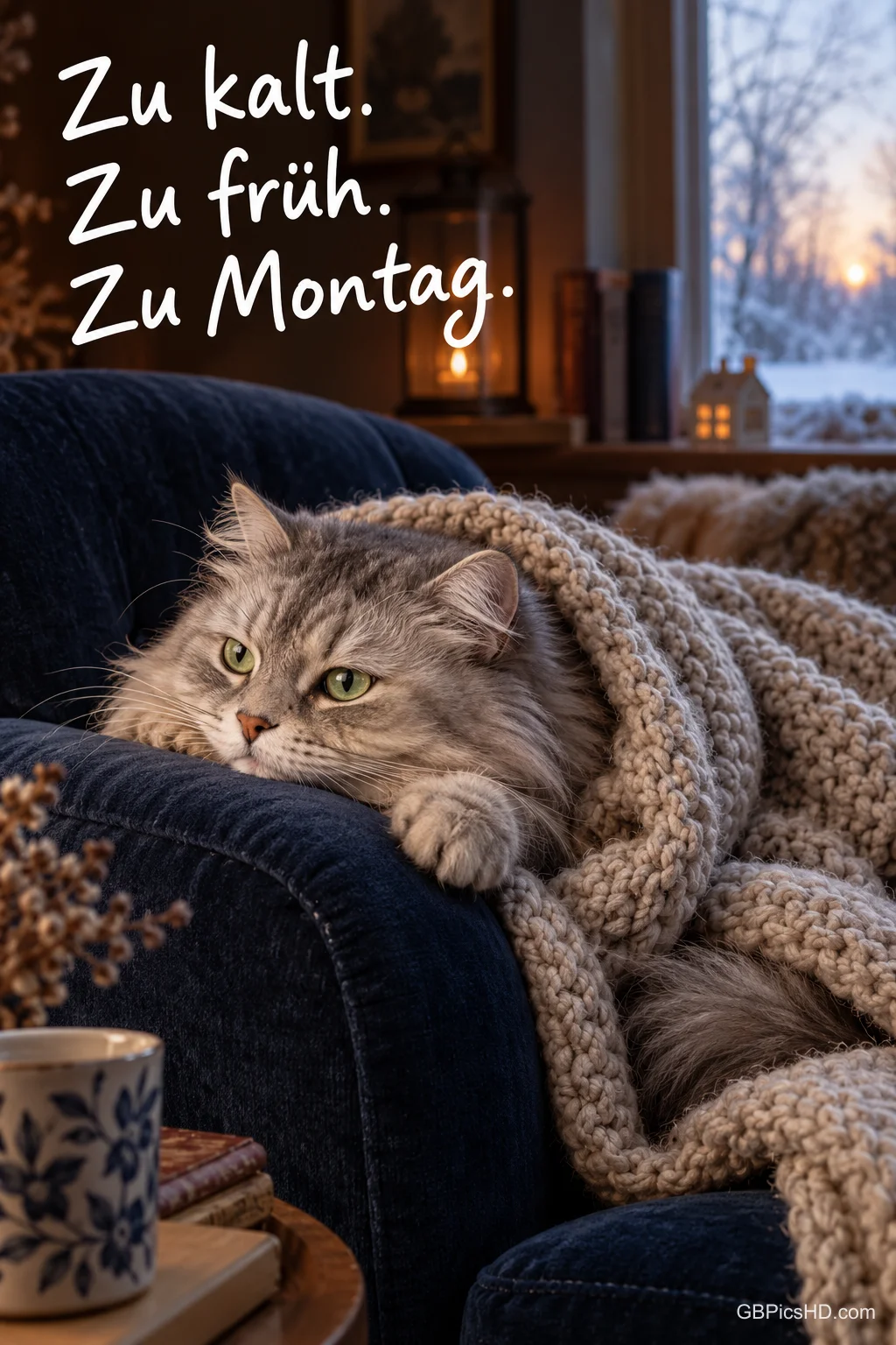 Eine langhaarige graue Katze liegt unter einer Strickdecke auf einem dunklen Sessel: "Zu kalt. Zu früh. Zu Montag.". Eine langhaarige graue Katze liegt unter einer Strickdecke auf einem dunklen Sessel: "Zu kalt. Zu früh. Zu Montag.".
