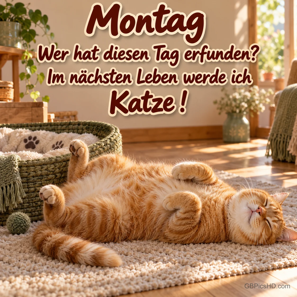 Eine rote Katze liegt auf dem Rücken auf einem Teppich: "Montag Wer hat diesen Tag erfunden? Im nächsten Leben werde ich Katze!". Eine rote Katze liegt auf dem Rücken auf einem Teppich: "Montag Wer hat diesen Tag erfunden? Im nächsten Leben werde ich Katze!".