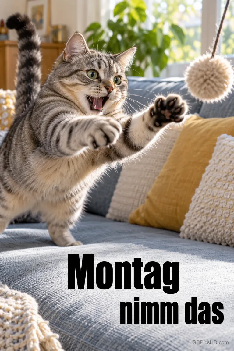 Eine getigerte Katze springt auf dem Sofa mit erhobenen Vorderpfoten nach einem hängenden Spielball: "Montag nimm das".